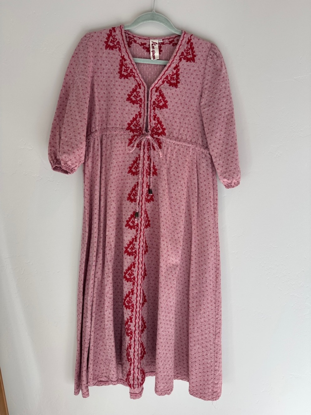 Prairie Dress Pink Embroidered Maxi Dress with Red Trim. Costume. Women’s Medium - Picture 3 of 10